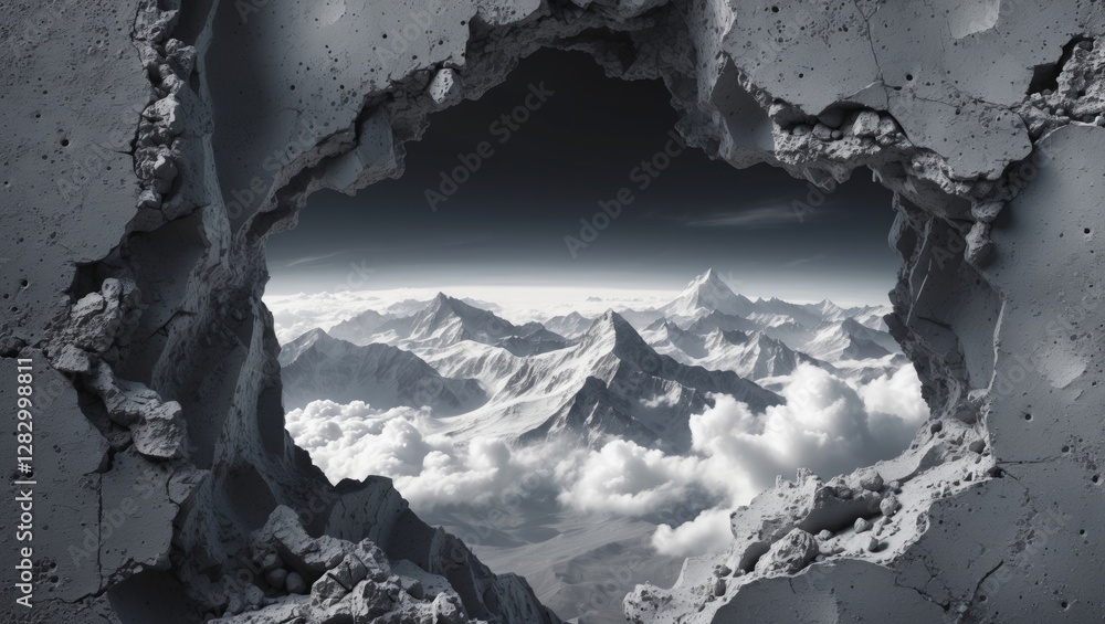 Aufkleber abstract view of a mountain landscape through a cracked concrete wall with clouds and distant peaks 