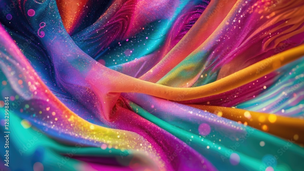 Poster vibrant abstract fabric texture with colorful swirls and shimmering bokeh creating a dynamic visual 