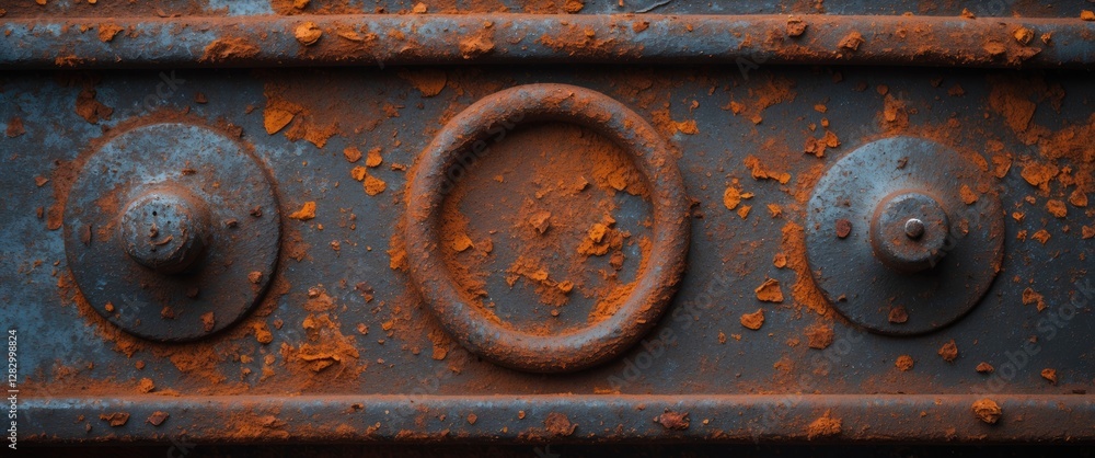 Aufkleber Rusty metal surface with circular and spherical protrusions covered in orange flakes and weathered textures.