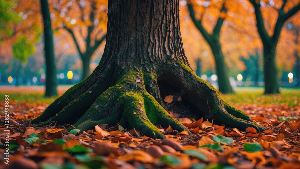 Poster detailed view of a large tree trunk with roots covered in moss, surrounded by fallen orange and gree