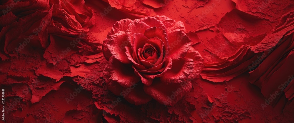 Poster red rose on textured red background with rose petals and paper, creating a monochromatic aesthetic. 