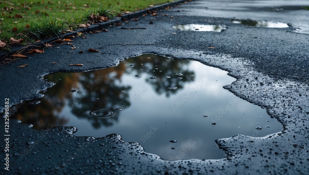 Aufkleber puddle on asphalt reflecting trees and sky after rain with droplets forming ripples creating a seren