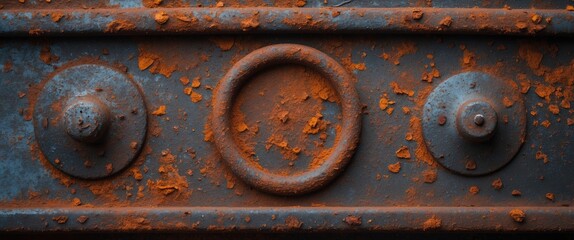 Rusty metal surface with circular and spherical protrusions covered in orange flakes and weathered textures.