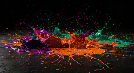 Colorful splattering paint on the floor with black background