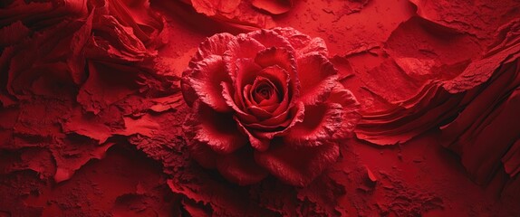 Naklejka premium Red rose on textured red background with rose petals and paper, creating a monochromatic aesthetic. Elegant floral composition for decoration.