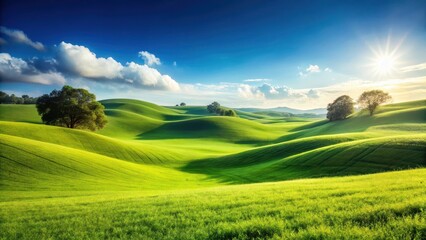 Obraz premium Rolling hills with a clear blue sky and lush green grass in the foreground