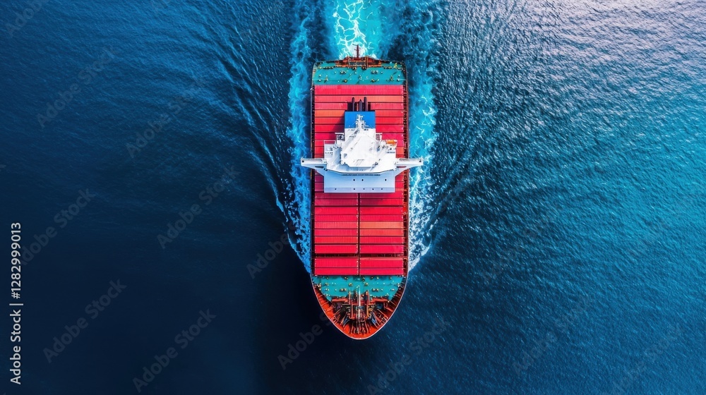 Poster container ship of ocean concept. aerial view of container ship navigating the shimmering ocean