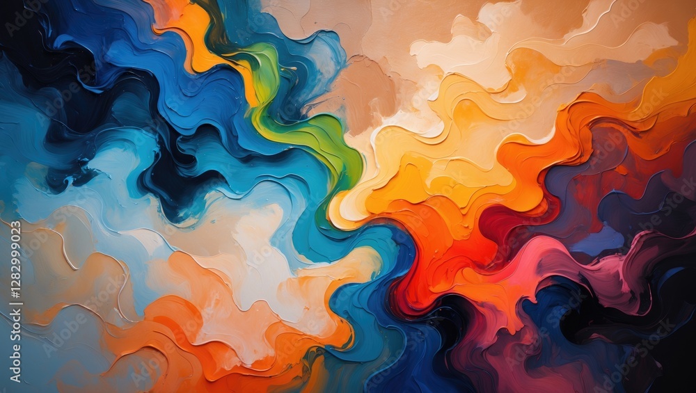 Poster vibrant abstract painting background featuring dynamic swirls of warm and cool colors creating a vis