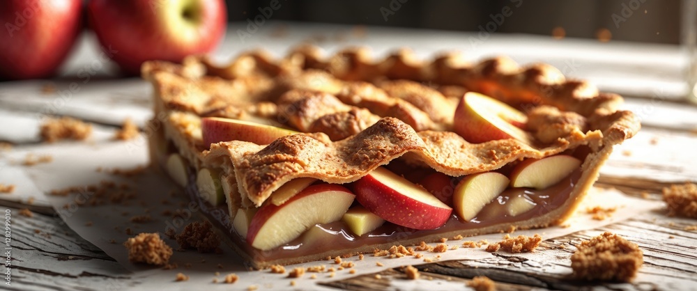 Poster freshly baked apple pie with a golden brown crust, sliced apples visible, placed on a rustic wooden 