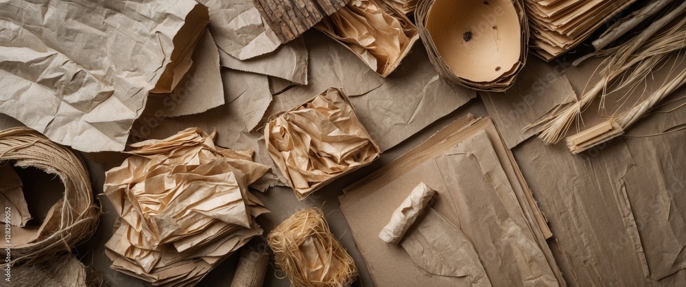 Poster Assorted textures and types of brown recycled paper materials arranged on a flat surface for crafting or packaging purposes