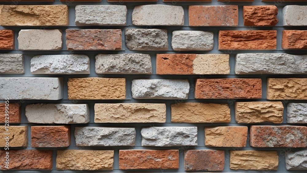 Poster textured brick wall with various colors and patterns including red, orange, and cream bricks arrange