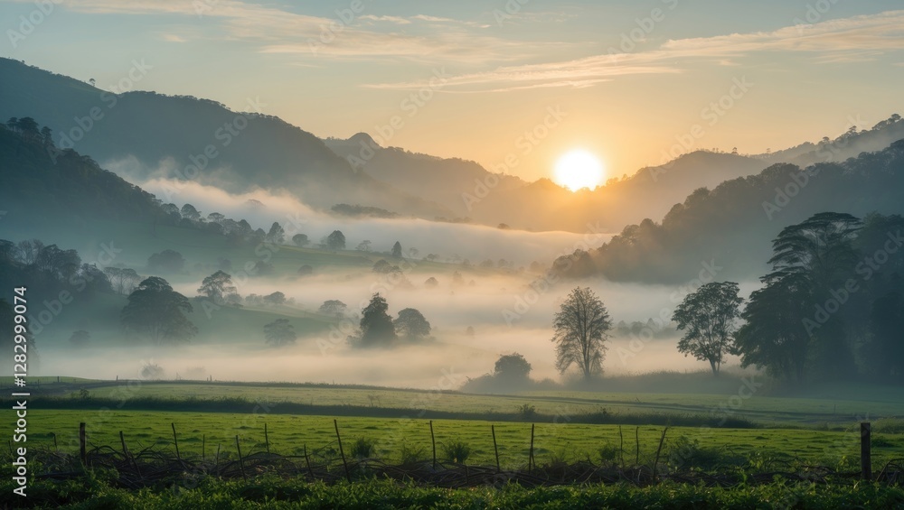 Poster sunrise over misty valley landscape with rolling hills and trees in foreground and soft fog covering