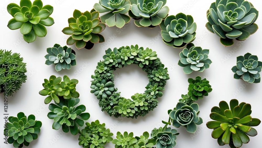 Poster Green succulent plants arranged in a circular pattern on a white background featuring various succulent varieties and a wreath shape.