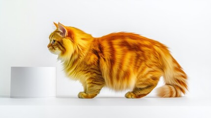 A majestic ginger cat standing beside a white object staring intently in a modern minimalistic studio setting. Generative AI