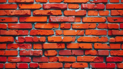 Red brick wall texture with uneven surface and varying shades of orange. Ideal for backgrounds or architectural designs.