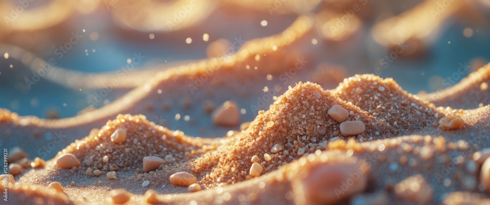 Poster close-up of sandy texture with small pebbles and grains illuminated by soft sunlight in a natural se