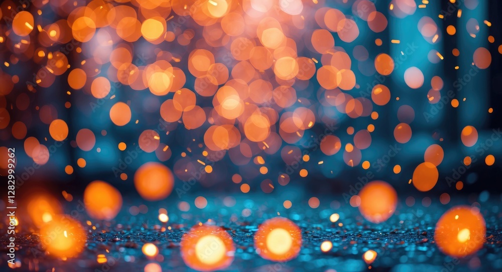 Poster abstract orange bokeh background with sparkling lights for new year's celebration, creating a festiv
