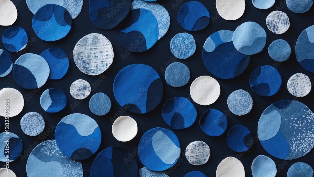 Poster abstract textile design featuring a variety of blue and white circular patterns on a dark background