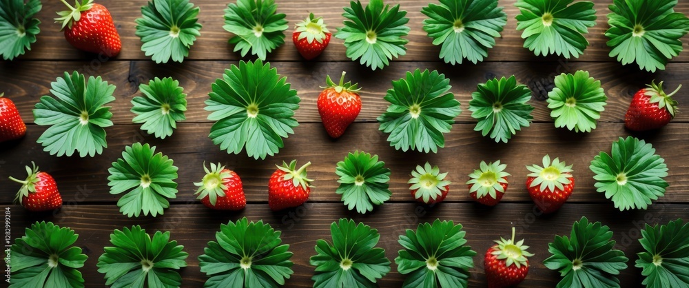 Poster strawberries and green leaves arranged in a pattern on a wooden surface top view composition