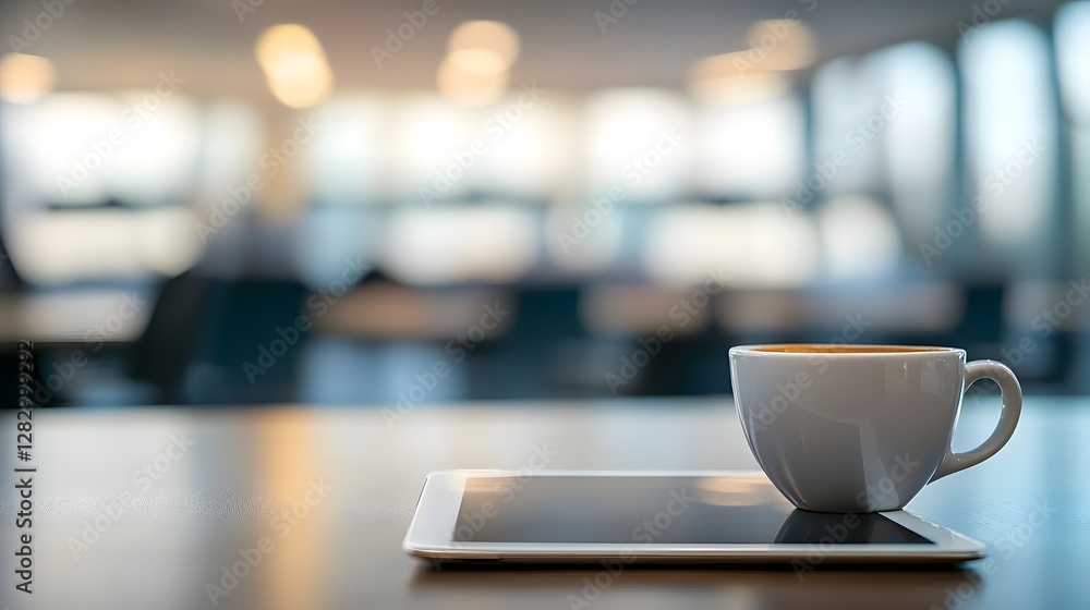 Poster blurred scene of a business meeting in a modern office setting with a tablet and a cup of coffee pla