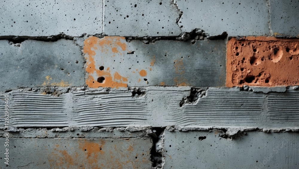 Aufkleber Textured brick wall with concrete and orange elements showcasing wear and variations in surface finish and color.
