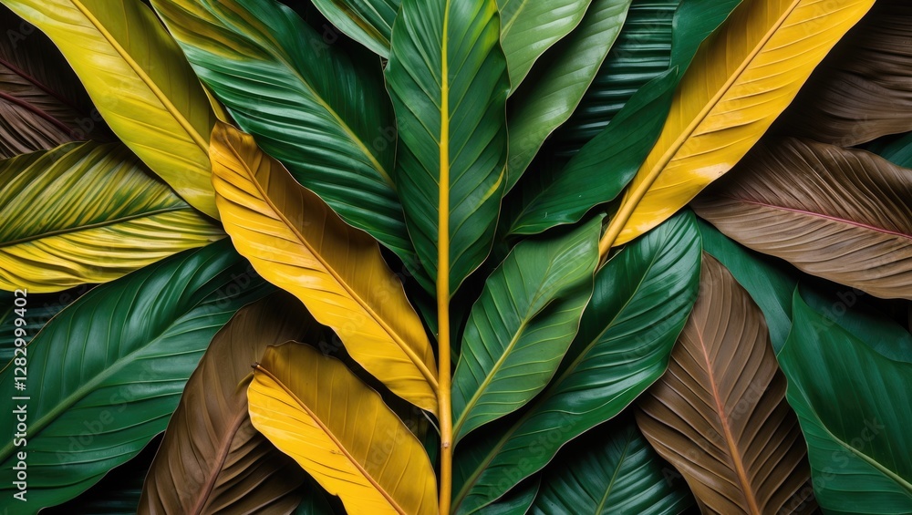 Poster tropical foliage with varying shades of green and yellow leaves arranged in an overlapping pattern o