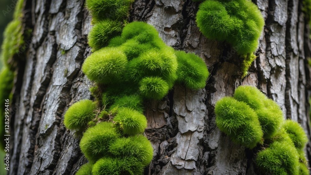 Poster green moss growing on the rough bark of a tree in a natural forest environment showcasing texture an
