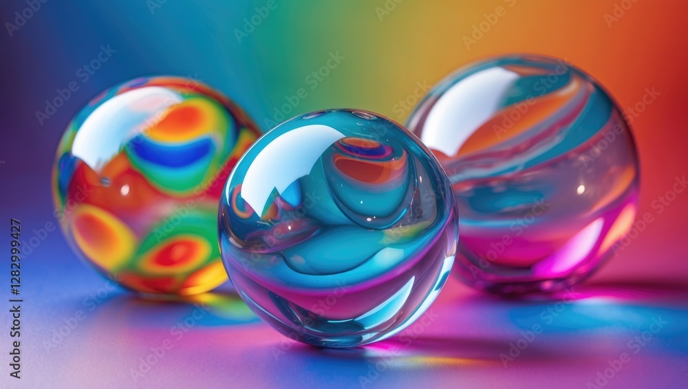 Poster colorful glass spheres with swirling patterns placed on a vibrant gradient background with reflectio