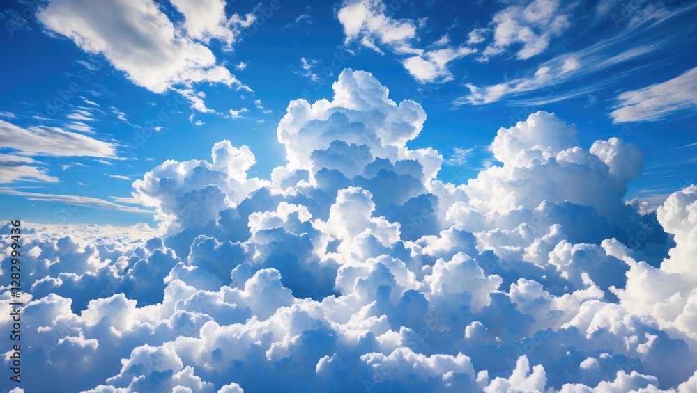 Poster fluffy white clouds against a bright blue sky creating a tranquil and expansive atmosphere with vary