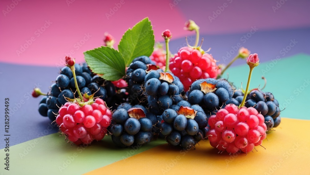 Poster fresh mixed berries including blackberries and raspberries on a colorful geometric background with v