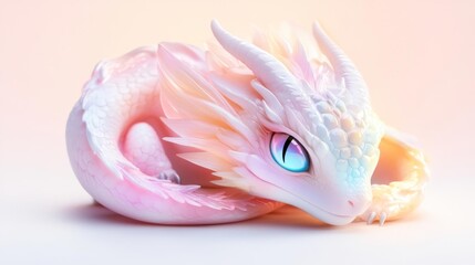 Obraz premium Soft pastel dragon curled up in a relaxed pose on a white isolated background. Generative AI