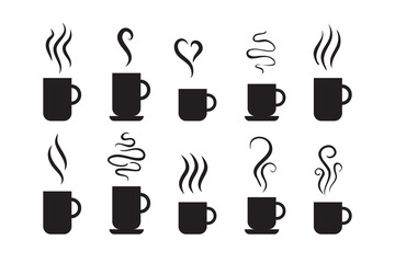 Smells line icon set, hot aroma Coffee, tea in cup, smells or fumes. Isolated symbols doodle glasses of hot drinks. Fragrances evaporate icons.