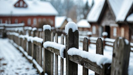 Wooden picket fence covered in snow in a winter village scene with blurred houses in the background creating a cozy atmosphere.