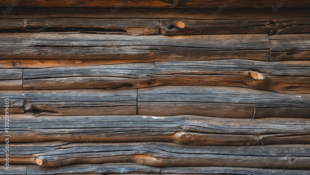 Poster textured wooden wall with weathered logs displaying natural patterns and colors of aged wood