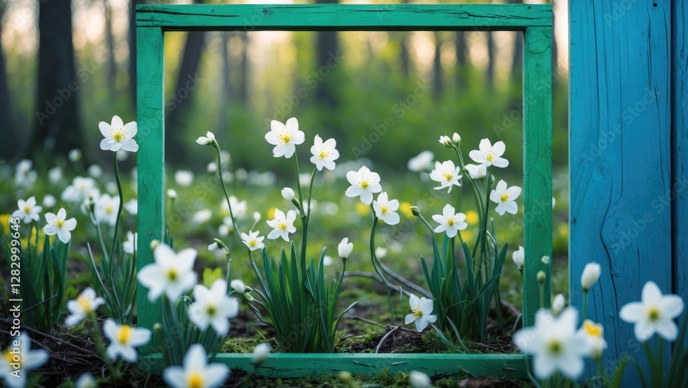 Poster frame with white daffodil flowers in a forest setting during springtime with green foliage and natur
