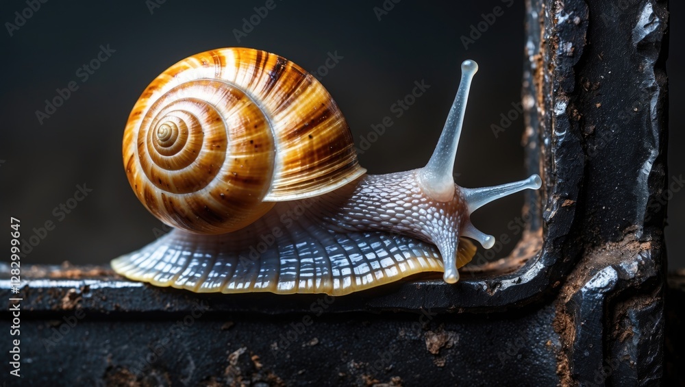 Poster a close-up of a colorful snail crawling on a rusty iron surface showcasing the intricate details of 