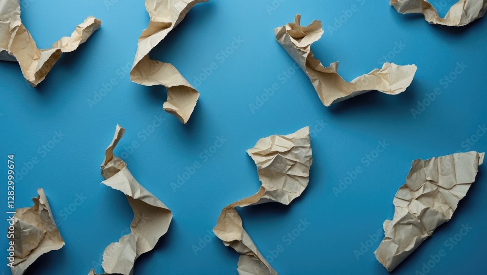 Poster Crumpled brown paper pieces arranged artistically on a solid blue background creating a textured composition