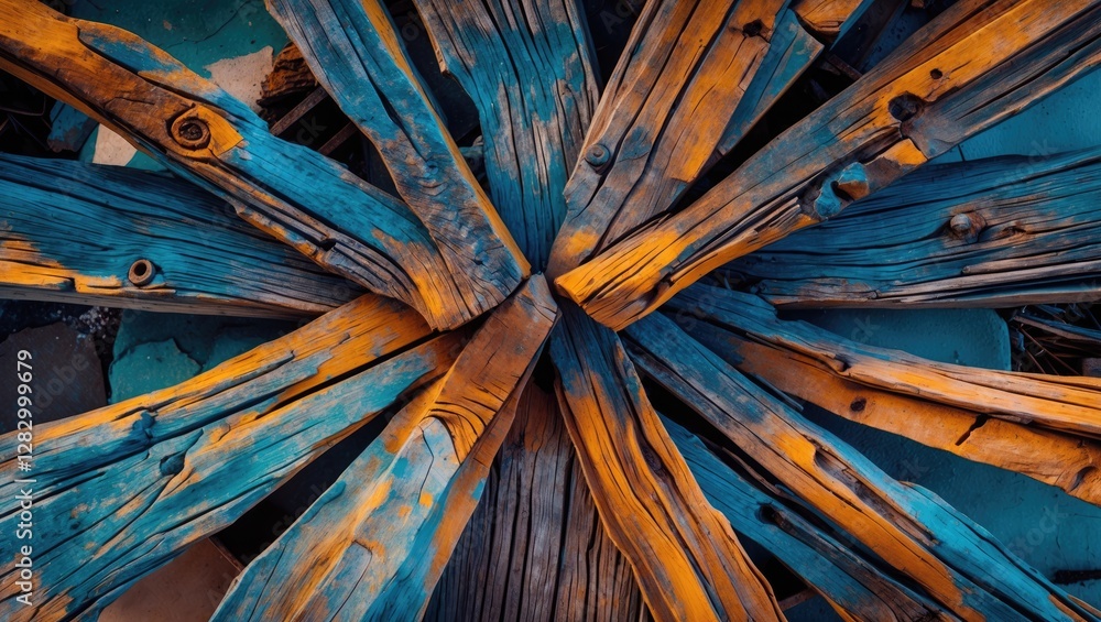 Aufkleber Colorful wooden planks arranged in a radial pattern creating an abstract background texture.