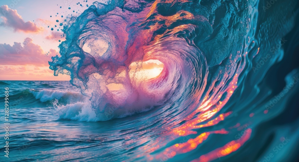 Poster vibrant ocean wave capturing sunlight during sunset with colorful splashes and textures of water in 