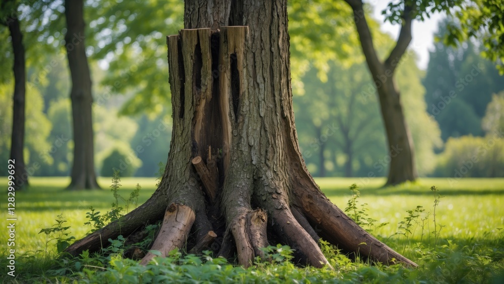 Poster tree stump in a lush park setting surrounded by vibrant greenery and sunlight filtering through the 