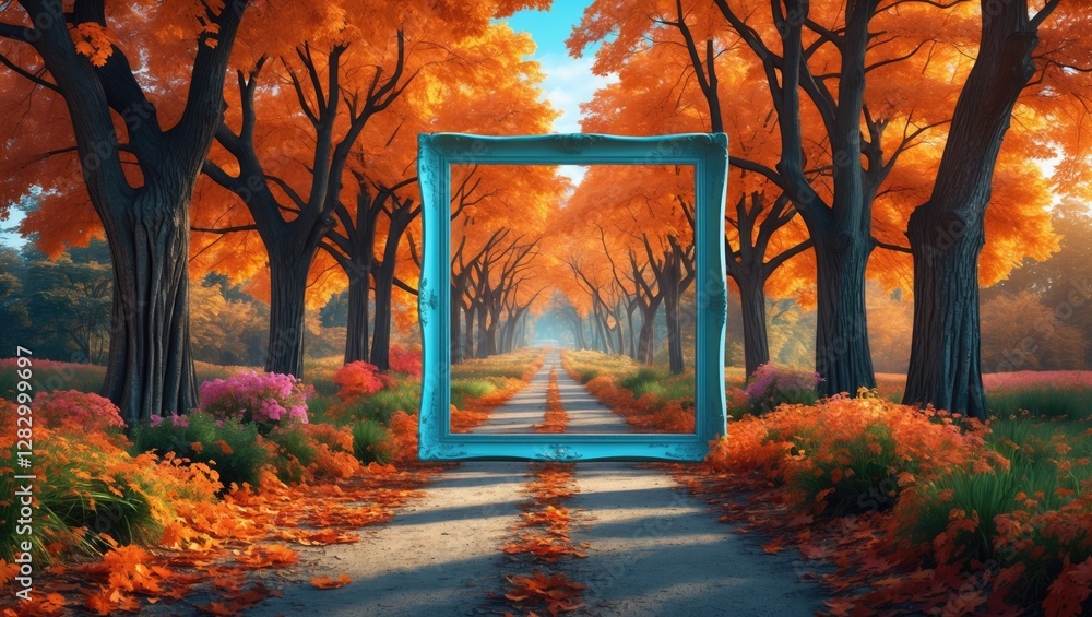 Poster colorful autumn landscape with trees and flowers framing a scenic pathway in a park setting