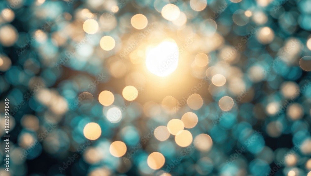 Poster Abstract composition of circular bokeh lights with blurred background depicting warm sunlight and cool blue tones in a dynamic pattern