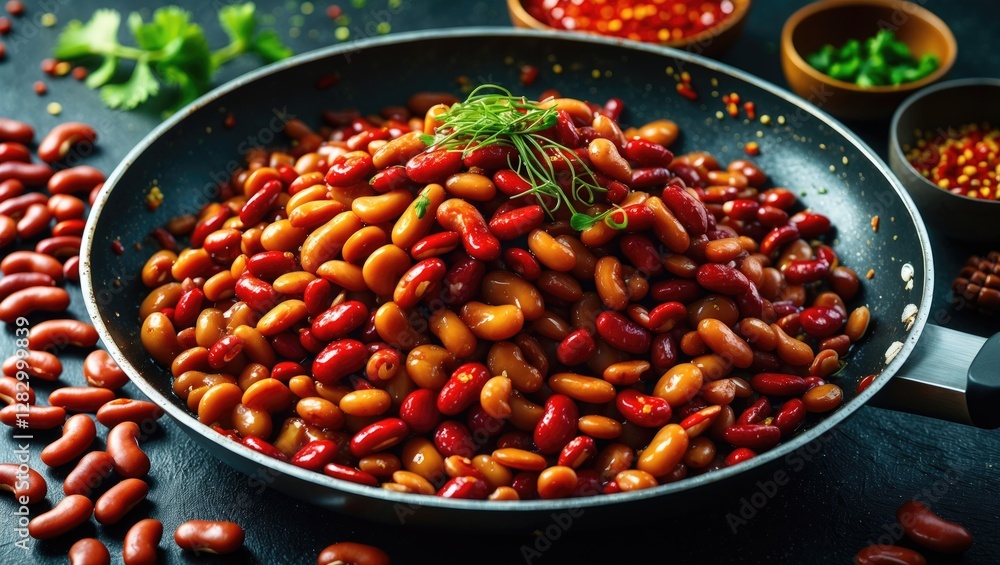 Poster Assorted kidney beans in a frying pan with garnishing on a dark kitchen surface with additional spices in bowls surrounding it