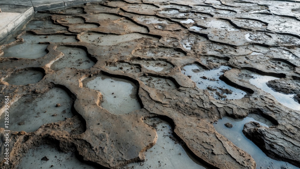Poster Cracked and weathered ground surface with unique patterns and shallow water pools in sunlit conditions
