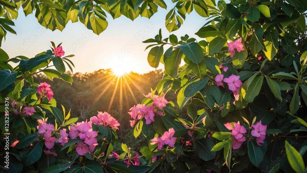 Poster sunset viewed through vibrant pink flowers and green leaves with sunlight rays shining in the backgr