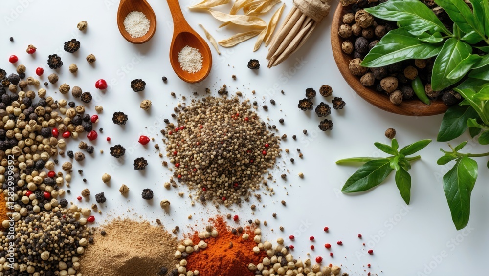 Poster assorted spices and herbs arranged on a white background with wooden spoons and fresh green leaves i