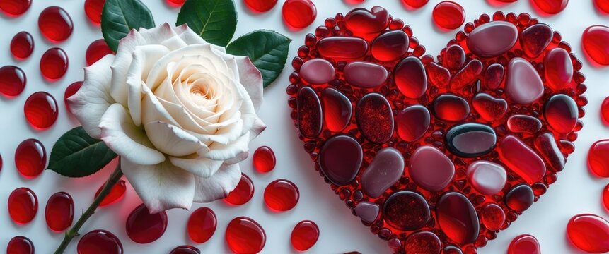 White rose beside a red gemstone heart surrounded by scattered red glass pebbles on a light background