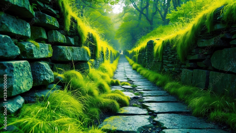 Poster lush green pathway bordered by stone walls and overgrown grass under dappled sunlight in a serene fo