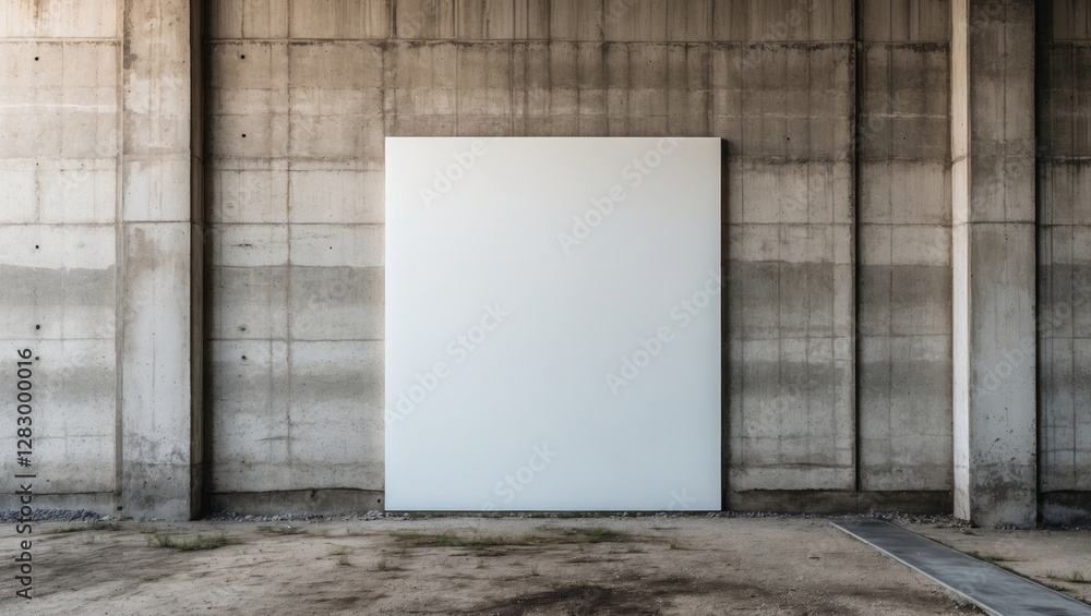 Poster blank white canvas on concrete wall in an industrial space with gravel floor and minimal elements in