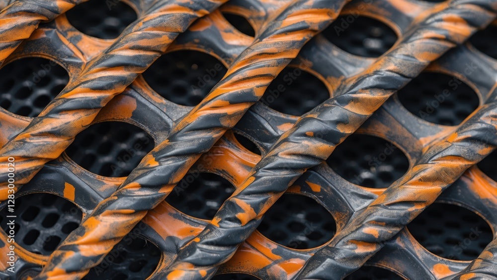 Poster close-up of twisted black and orange metal rods arranged in a grid pattern with circular holes on a 